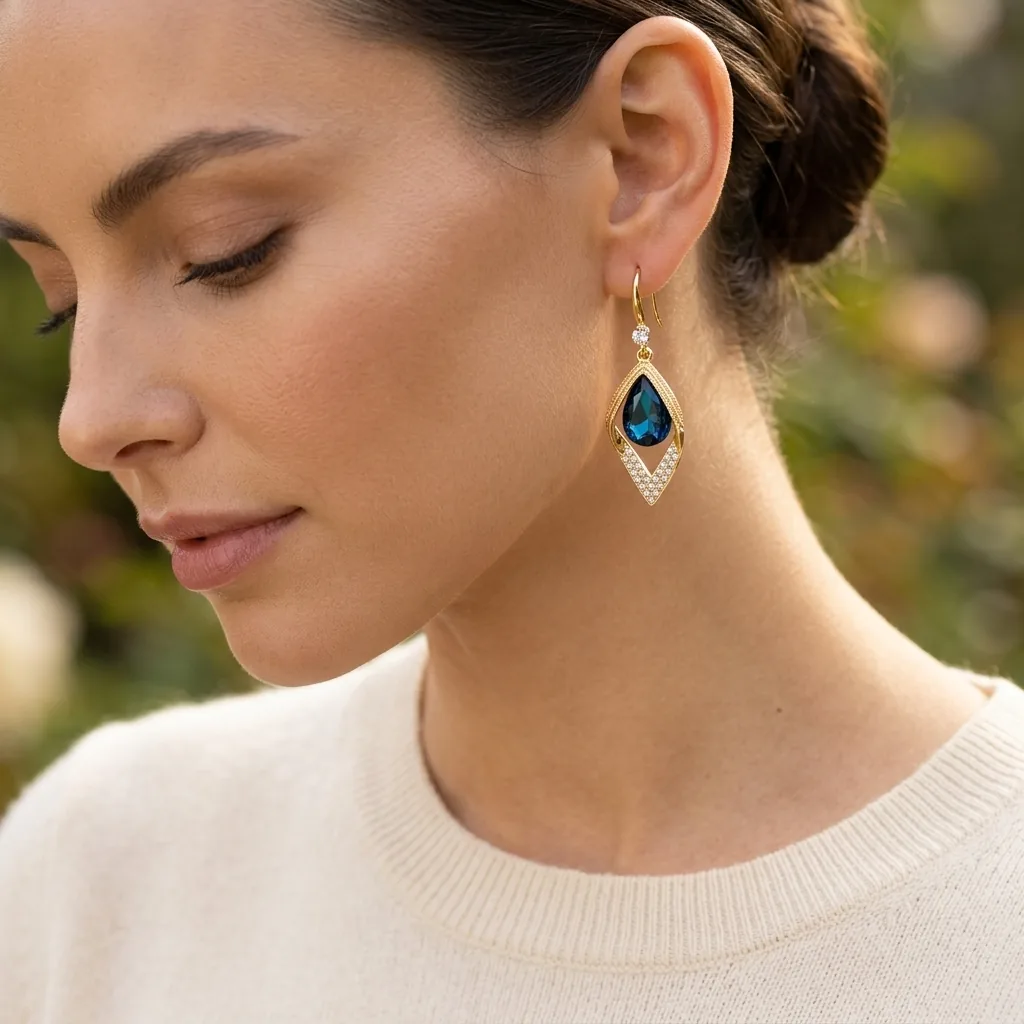 Close-up of a gold drop earring with a blue crystal and pavé stones on a model's ear, hair pulled back, greenery blurred behind