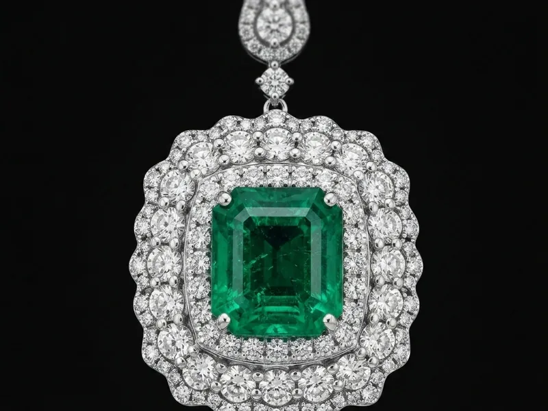 AI jewelry photography tutorial: macro shot of an emerald and diamond pendant on a dark surface