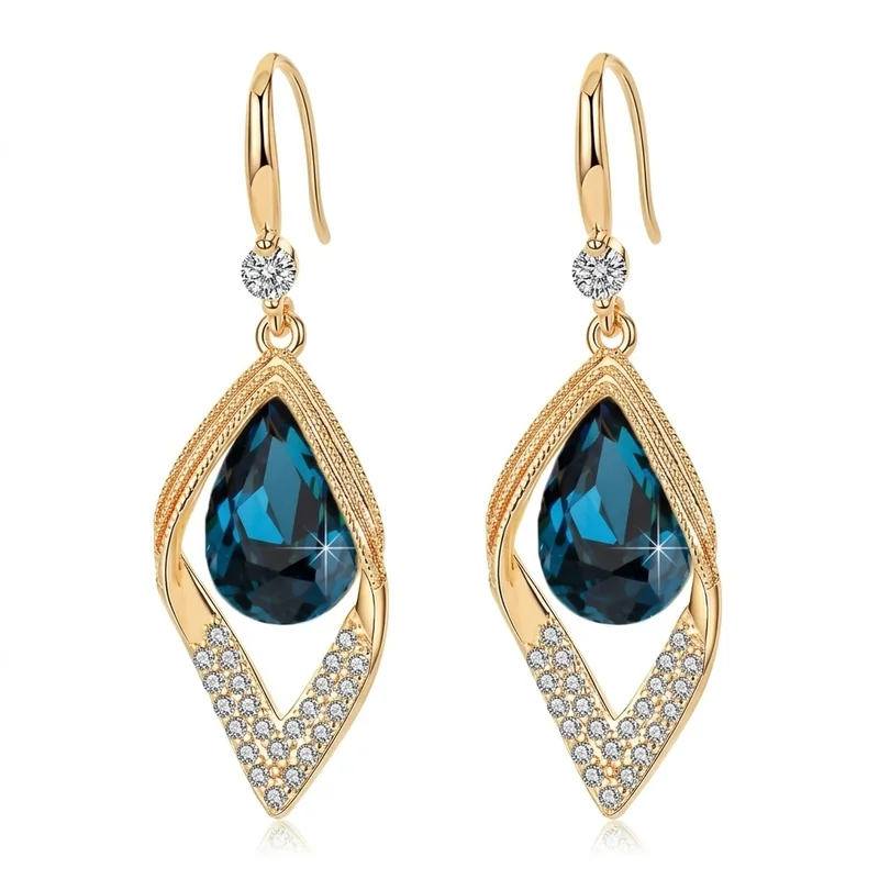 Sapphire teardrop earrings on plain white background — static Amazon product listing photo before turning it into a video ad
