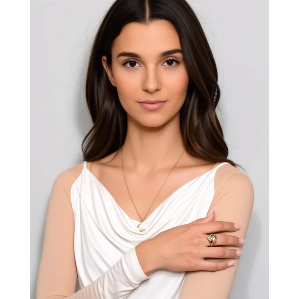 Claid AI on-model photo showing a wide portrait of a model where the ring is barely visible