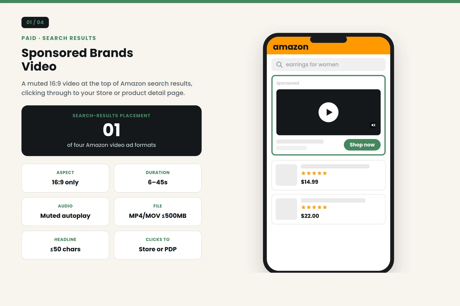 Amazon sponsored brands video placement inside search results: muted 16 by 9 video banner at the top of Amazon search results clicking through to a Store or product detail page