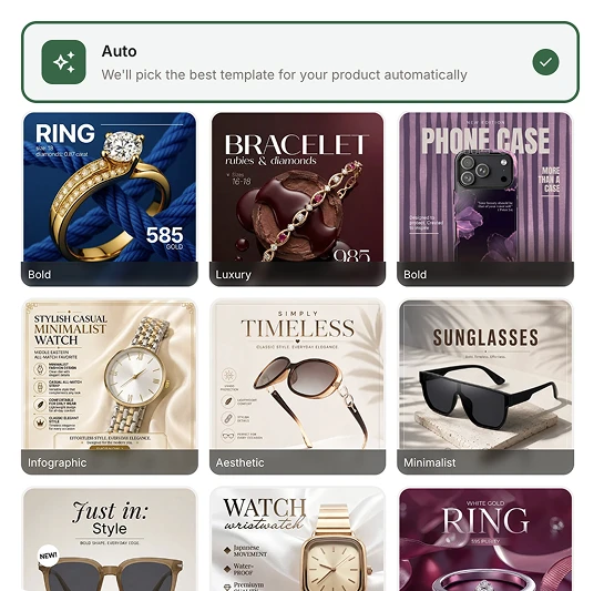 Amplyar jewelry template options including Bold, Luxury, Infographic and Minimalist layouts