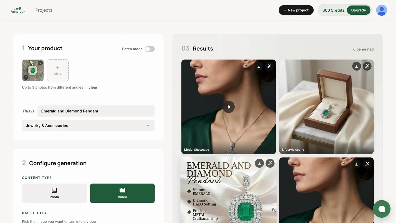 The Amplyar interface with the uploaded pendant photo on the left and a results panel on the right showing six generated assets, including a video, a lifestyle scene and an infographic.