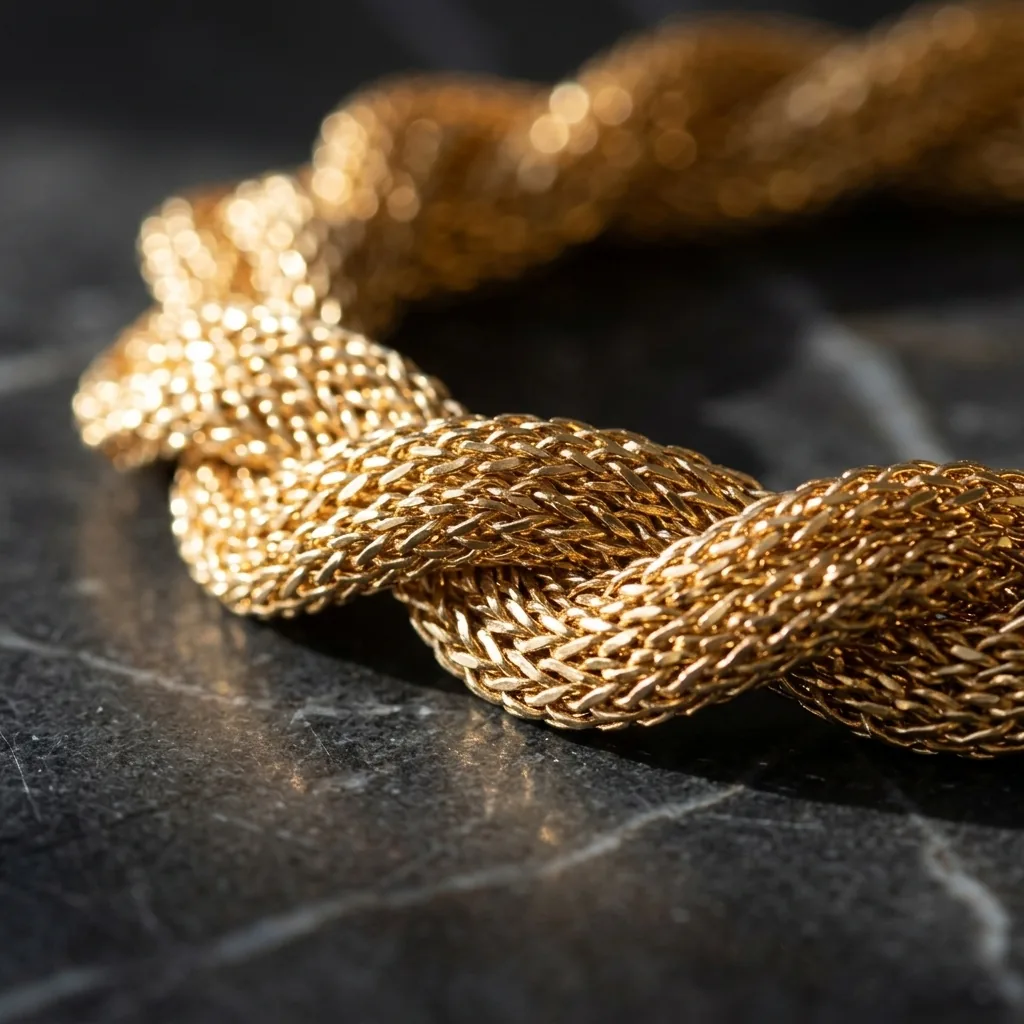 Extreme close-up of a braided gold rope chain resting on dark veined marble, showing the woven mesh texture of each strand