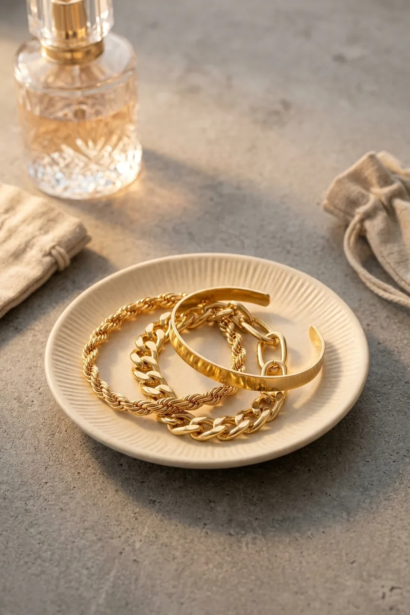 Gold bracelets arranged in a small ribbed ceramic dish on a concrete surface, with a perfume bottle and linen pouch nearby in warm afternoon light