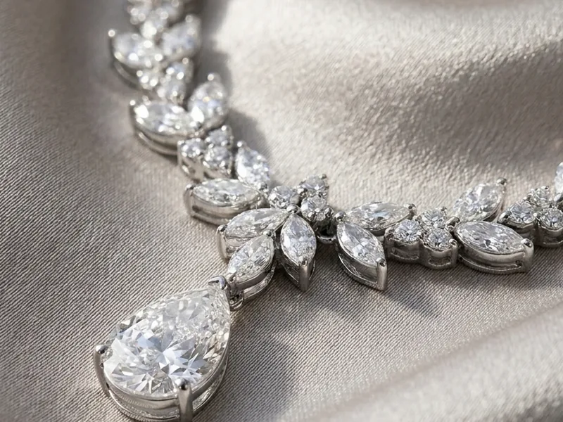 The same crystal necklace photographed close up on draped champagne satin, with soft directional light across the pear-drop pendant