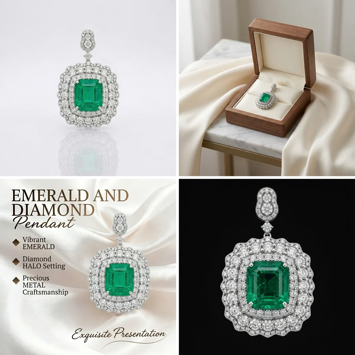 Four generated images of the same emerald pendant in a two-by-two grid: a plain white studio shot with a soft reflection, the pendant in an open walnut gift box on a marble side table, a marketing tile with feature callouts on cream satin, and a macro of the stone on black.