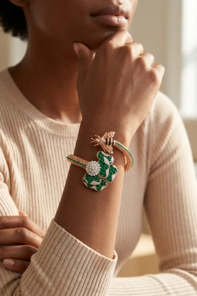 A rose gold bangle set with emeralds and a bee motif worn on a woman's wrist, her hand resting under her chin in soft daylight