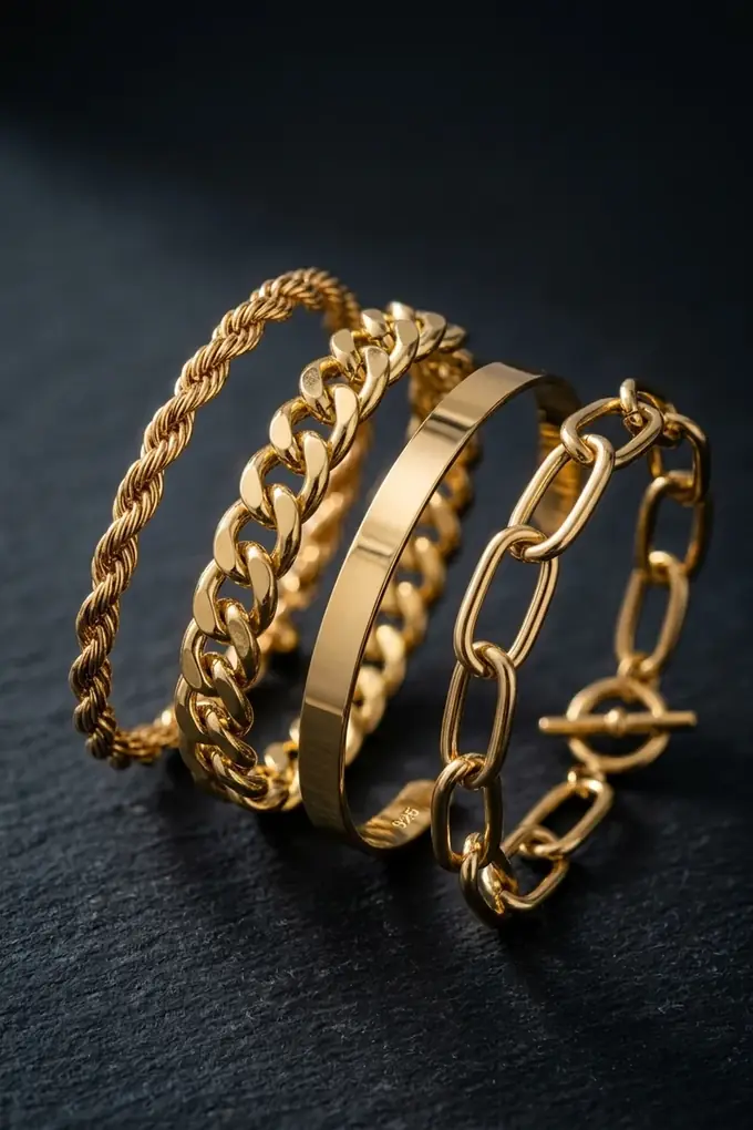 Stacked gold bracelets photographed in close detail on dark slate