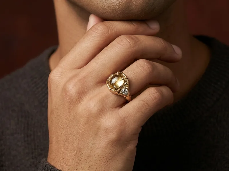 The same antique gold ring worn on a man's hand resting under his chin, dark sweater and warm maroon background