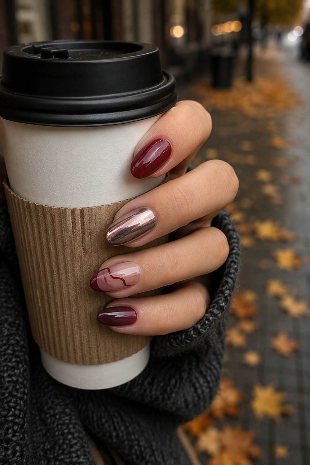 Burgundy and rose-gold chrome mixed acrylic mani — trending acrylic fall nails design shown on a hand holding a coffee cup on an autumn street
