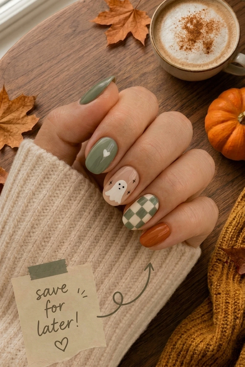 Sage & ghost fall transition nails — short oval design shown on a hand with cappuccino and pumpkin backdrop