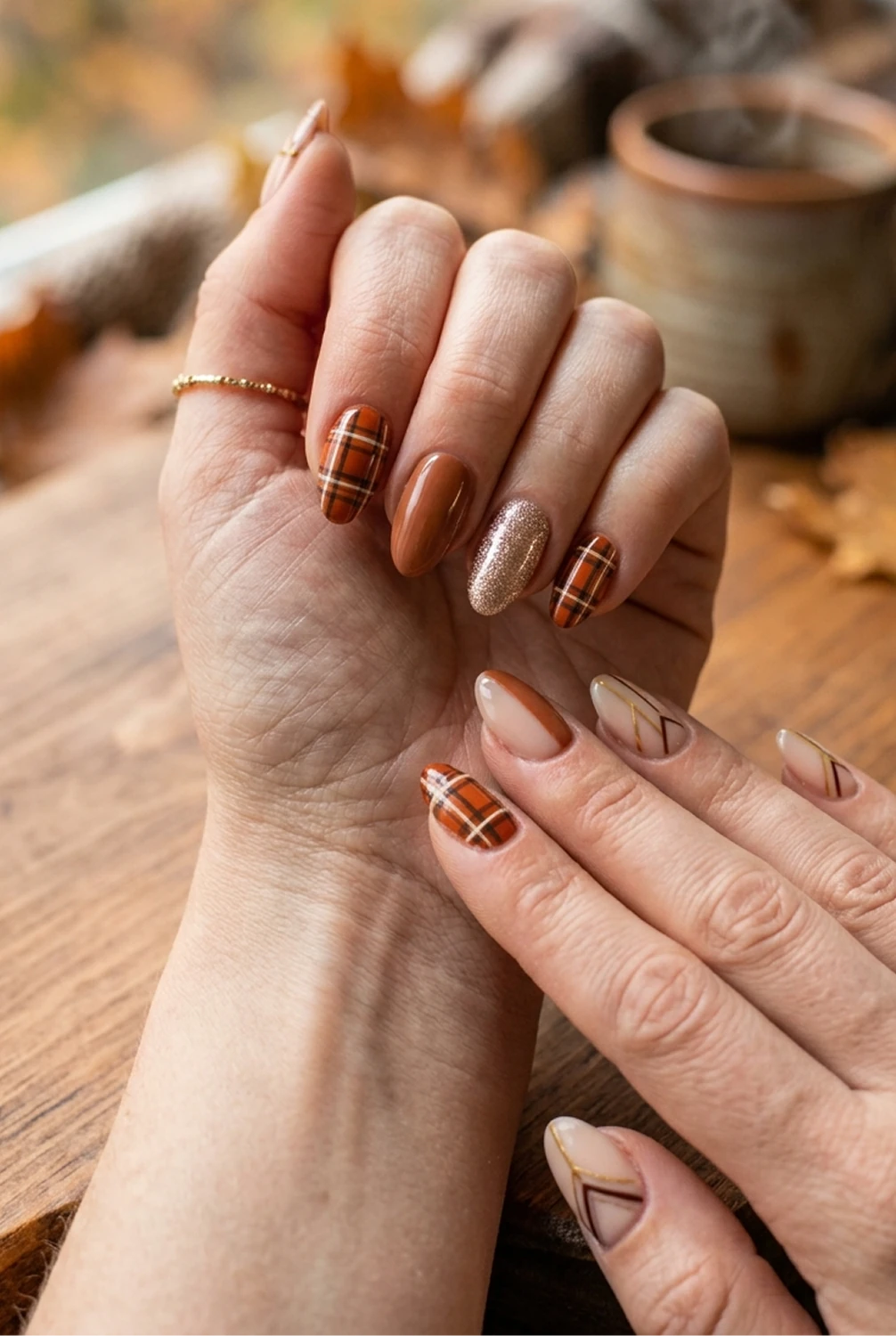 Caramel plaid and glitter mixed mani — trending September 2026 nails design shown on a hand on a rustic wooden table with autumn styling
