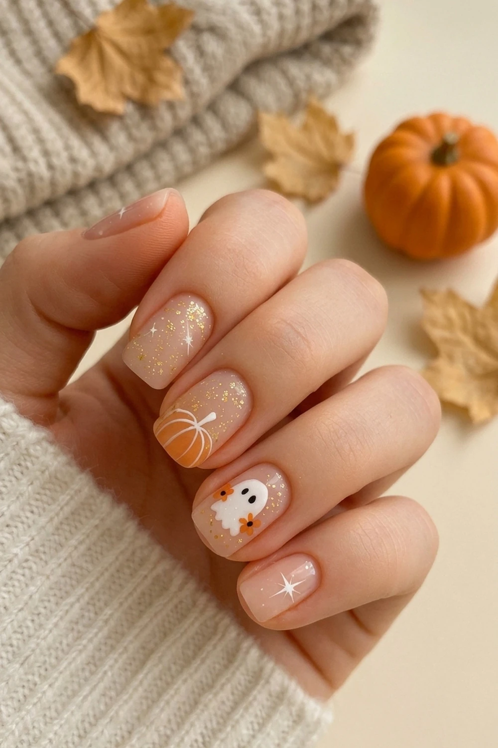 Ghost & pumpkin September nails 2026 — nude glitter short square design shown on a hand with mini pumpkin backdrop