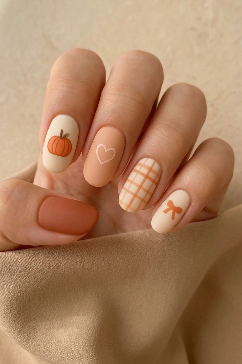 Pumpkin & plaid early fall nails 2026 — matte peach oval design shown on a hand with beige silk backdrop