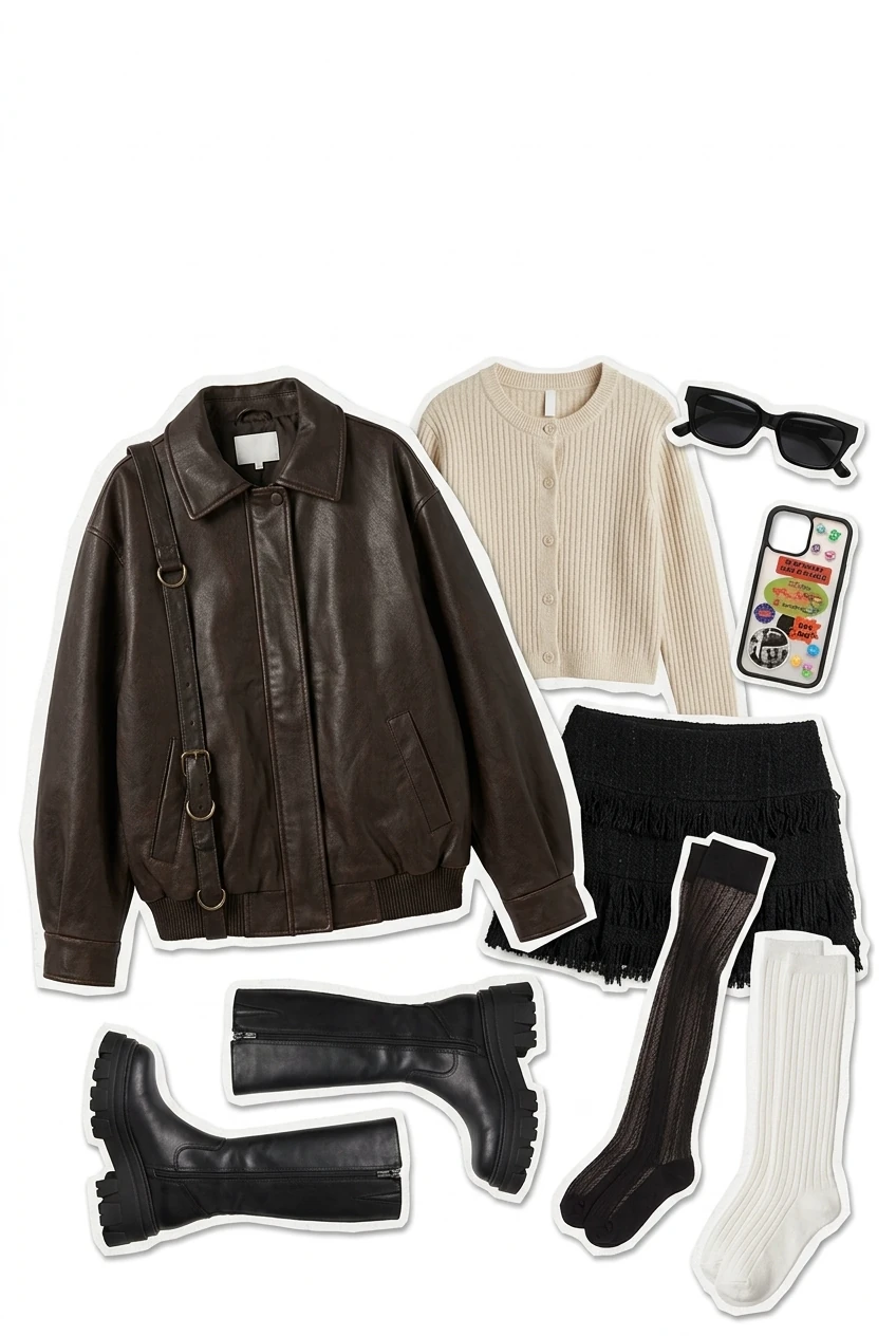 Autumn outfits 2026, brown leather jacket, cream cardigan and fringe skirt flatlay for fall outfit 2026 AI Virtual Try On