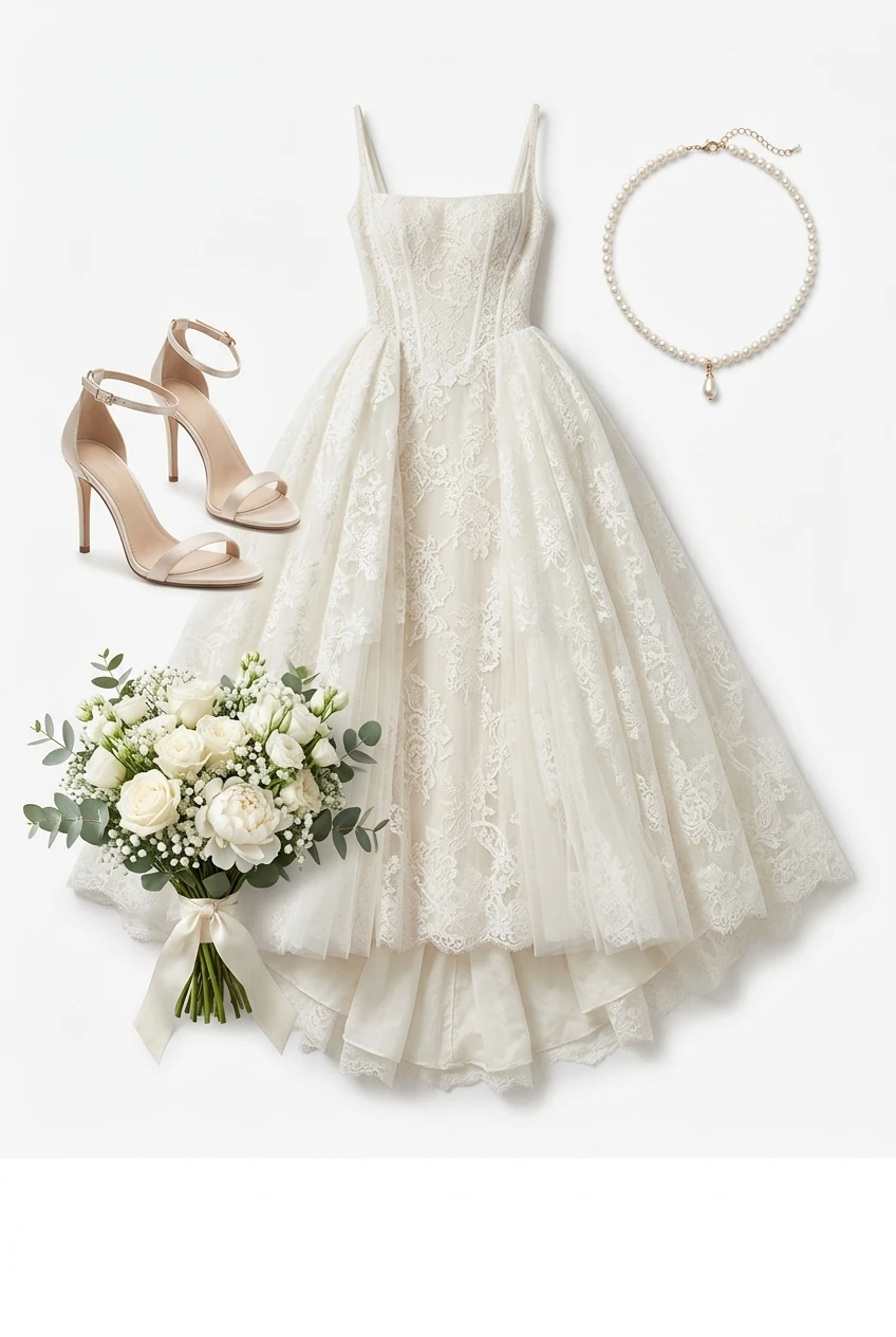 Wedding dresses 2026, lace gown with detachable tulle overskirt for fall outfit 2026 AI Virtual Try On