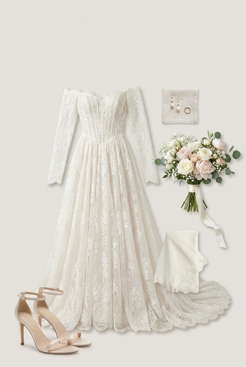 Wedding dresses with sleeves, off-shoulder long-sleeve lace gown for fall outfit 2026 AI Virtual Try On