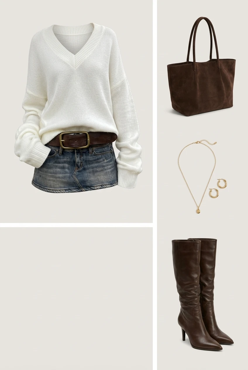 Fall outfit 2026 inspo, white v-neck sweater tucked into a denim mini skirt for fall outfit 2026 AI Virtual Try On