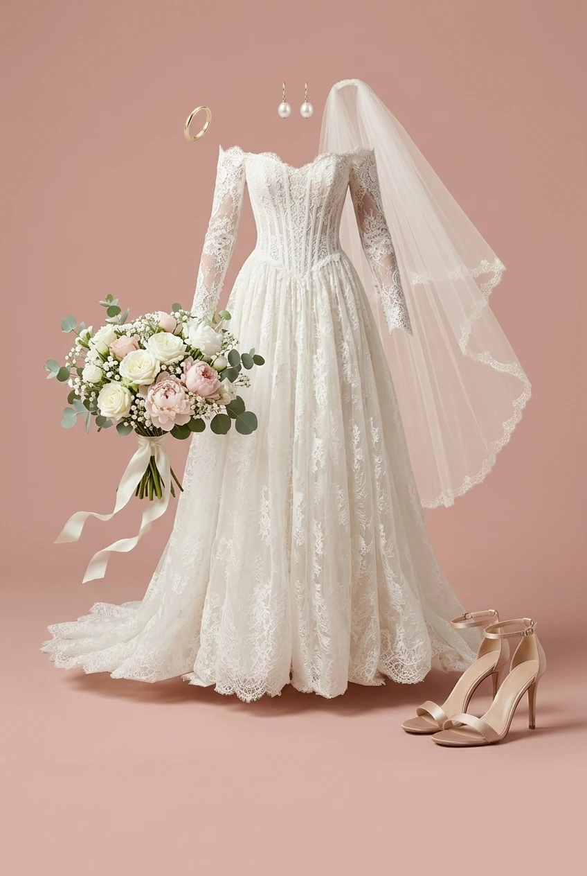 Winter wedding dresses, off-shoulder lace gown with cathedral veil for fall outfit 2026 AI Virtual Try On