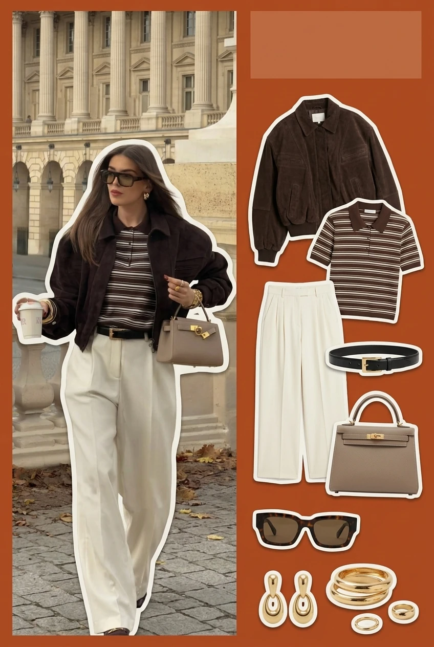 Fall outfit 2026 brown suede bomber jacket, striped polo and cream trousers flatlay for AI Virtual Try On