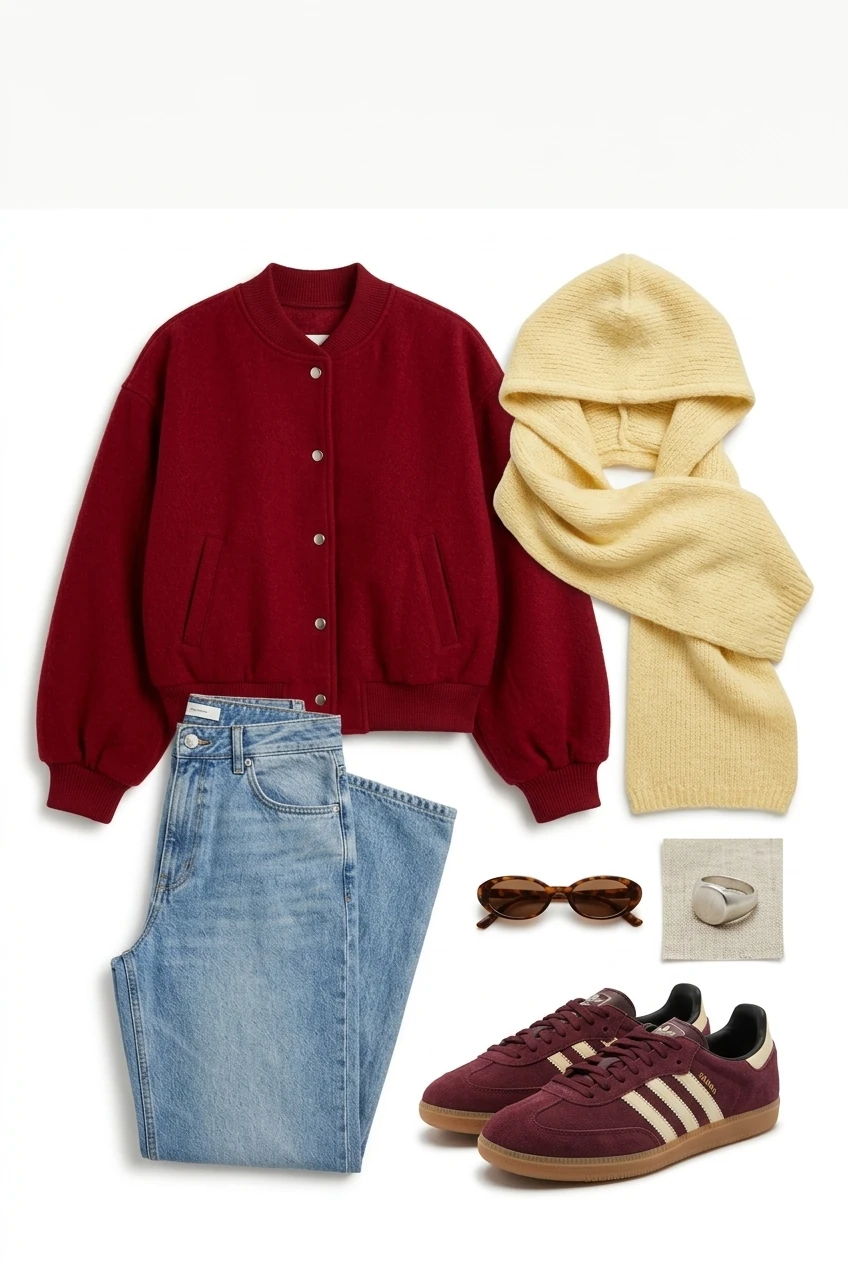 Fall outfit 2026 burgundy oversized bomber jacket, jeans and yellow scarf flatlay for AI Virtual Try On