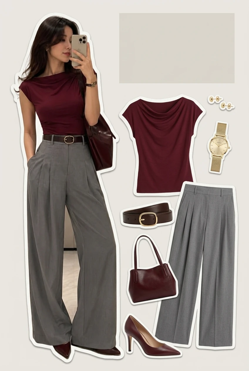 Fall outfits inspo 2026 burgundy top and grey wide-leg trousers styled on-body for fall outfit 2026 AI Virtual Try On