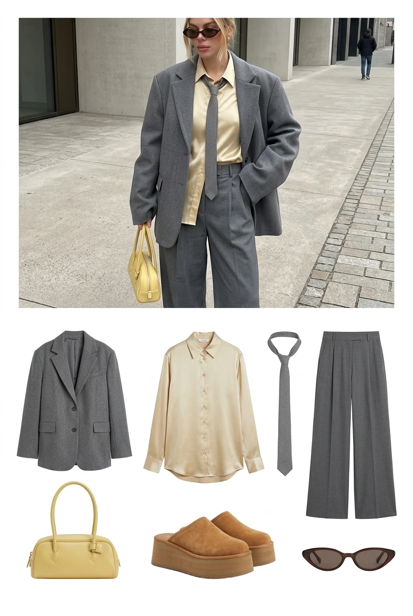 Business casual outfit 2026, oversized grey blazer, cream silk shirt, grey trousers and yellow bag flatlay
