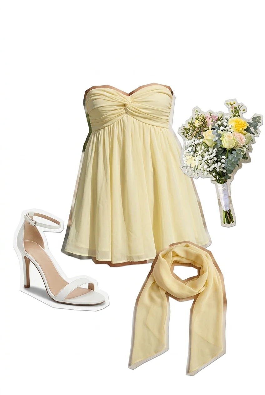 Hoco dresses 2026, pale yellow halter neck skater dress with white heels for fall outfit 2026 AI Virtual Try On