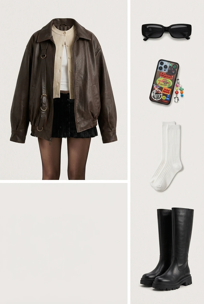 Retro chic style outfit, oversized brown leather jacket and fringe mini skirt for fall outfit 2026 AI Virtual Try On