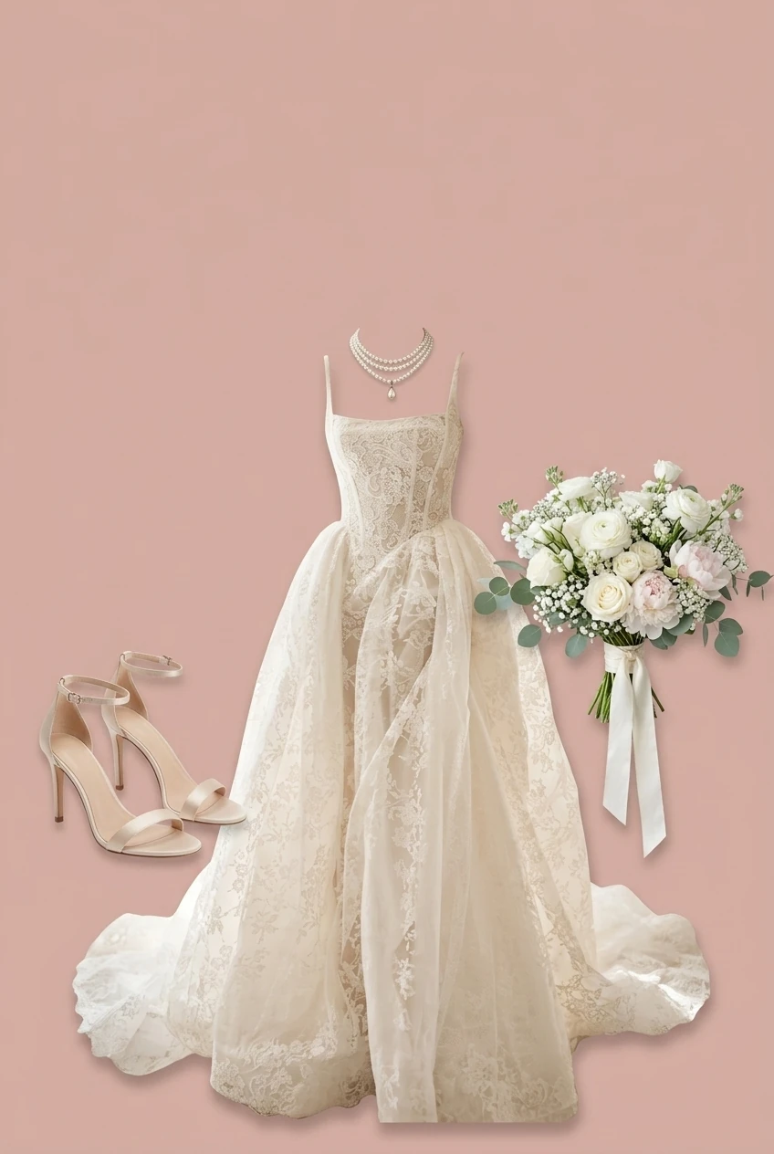 Silk wedding dress-style lace gown with tulle overskirt and layered pearls for fall outfit 2026 AI Virtual Try On