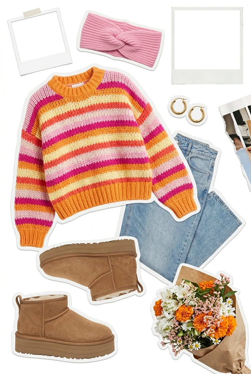 Fall outfit 2026 ideas, rainbow striped knit sweater and denim for fall outfit 2026 AI Virtual Try On